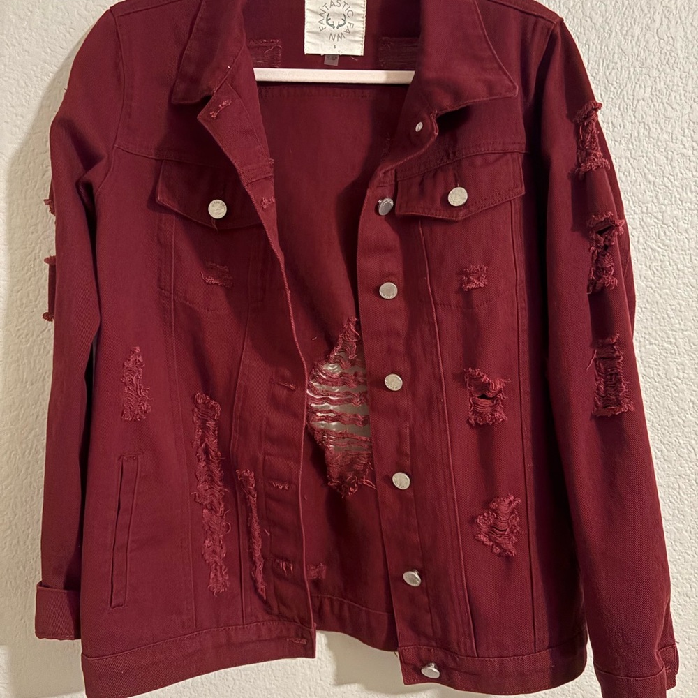 Fantastic‎ Fawn Burgundy Distressed Jean Jacket